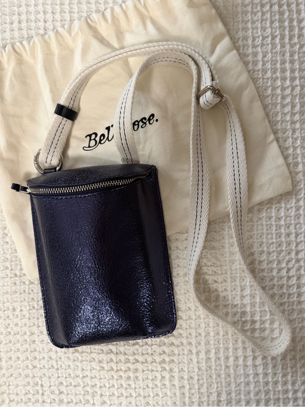 Bellerose Navy Patent Leather Crossbody Bag with Woven Strap